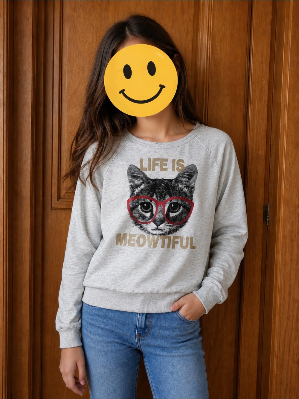 H&M Light Gray Cat Graphic Sweatshirt with Red Glasses size 12